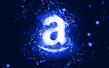 Amazon dark blue logo, , dark blue neon lights, creative, dark blue abstract background, Amazon logo, brands, Amazon HD wallpaper