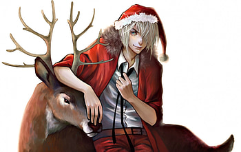 Anime Santa, white, horns, man, santa claus, reindeer, anime, felicemelancholie, christmas, red, guy, mange, hat HD wallpaper