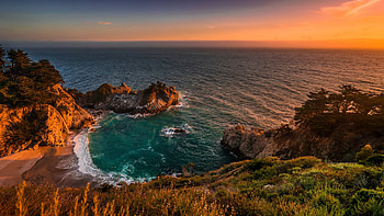 Mcway Falls, Big Sur, California, sunset, coast, sea, colors, sky, rocks, usa HD wallpaper