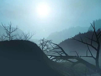 Blue Mist, trees, mountains, silhouette, blue misty sunshine HD wallpaper