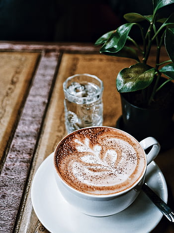 A delicious cappuccino with latte art on a rustic wooden table, accompanied by a leafy plant and water glass. HD phone wallpaper