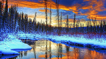 River in Winter, snow, landscape, clouds, trees, forest, ice, reflections, sunset HD wallpaper