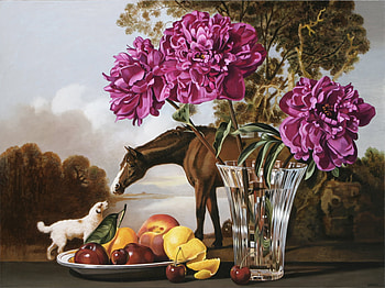 Friendship In All Places, dog, horse, peonies, vase, scenery, plate, fruit, trees, friendship HD wallpaper