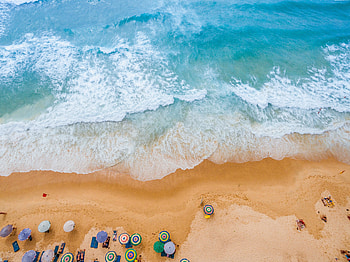 Aerial view, beach, sea waves, blue and white HD wallpaper