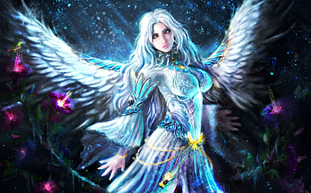 Zyael, blue, art, solaice, girl, angel, woman, pink, fantasy, flower, luminos HD wallpaper