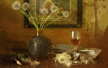 Still Life, dandeloins, wine HD wallpaper