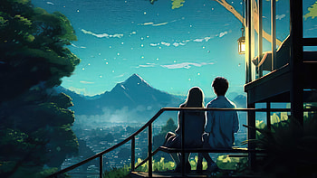 Anime Couple Sitting On Bench Looking At Landscape, anime-couple, anime-girl, anime-boy, couple, love, artist, artwork, digital-art, behance HD wallpaper