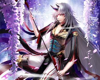Mr. Oni, silver hair, oni, cute, floral, long hair, nice, petals, flower, horn, male, handsome, blossom, sexy, sweet, hot, demon, armor, boy, anime, white hair, lovely, guy HD wallpaper