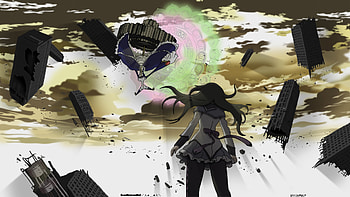 Maho shoujo madoka magica, black hair, long hair, dress, city HD wallpaper