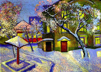 A. Schepalyn. Even a Winter courtyard with tram vdaleke, winter, a schepalyn, art, painting HD wallpaper