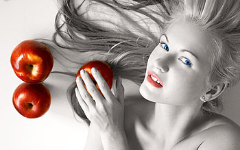 Apple in Girl Hand, black and white, red, apple, eye, female HD wallpaper