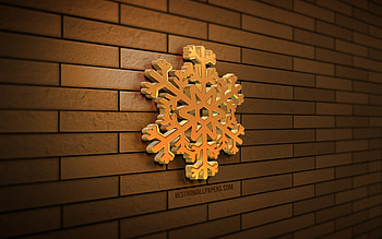 Golden 3D Snowflake, , brown brickwall, Christmas decorations, Golden Snowflake, Happy New Year, Merry Christmas, Snowflake Icon, 3D art, xmas decorations, snowflakes HD wallpaper