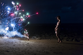 Woman, Fireworks, Night, Beach HD wallpaper