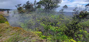 Kilauea Volcano, Hawaii, (Active), Steam, Kilauea, Hawaii, Volcano, Trees, Plants, Clouds HD wallpaper