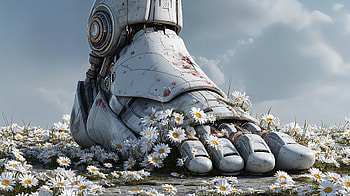 Robot Foot Amidst Daisies, robot, daisy, nature HD wallpaper