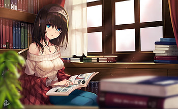Books ~~~, chair, cute, long hair, beauty, nice, , adorable, ble, female, sexy, table, sweet, shelf, read, scene, reading, window, house, hot, girl, beautiful, curtain, kawaii, anime girl, book, anime, pretty, brown hair, lovely, home HD wallpaper