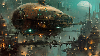 Steampunk Cityscape, steampunk, retro futurism, Airship, cityscape, fantasy HD wallpaper