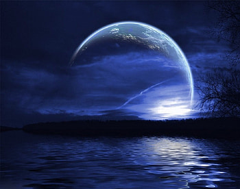 blue moon, blue, black, abstract, cg, 3d, moon, dark HD wallpaper