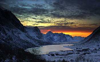 Winter Sunset, snow, clouds, colors, sky, mountains, lake HD wallpaper