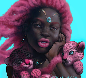 Pink jaguars by Nell Fallcard, blue, black, cub, art, nell fallcard, girl, cat, jewel, pink, fantasy, jaguar, face HD wallpaper