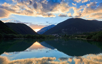 Reflection, blue, town, forests, beautiful, lakes, clouds, nature, sky, mountains, sunset HD wallpaper