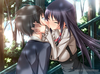That first long kiss., woods, steps, cute, girl, kissing, long hair, boy, trees, kiss HD wallpaper