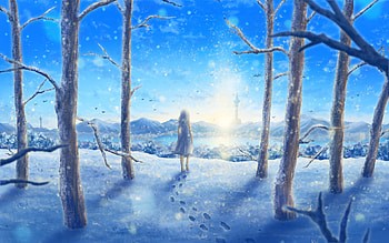 Girl and winter, forest, fantasy art HD wallpaper