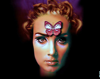 Think 'butterfly', forehead, pink, white, butterfly, face, woman, beauty HD wallpaper