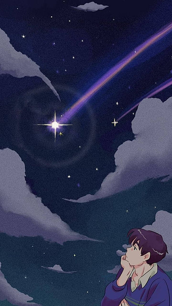 Anime boy, atmosphere, sky, shootingstar, star, stargazing HD phone wallpaper