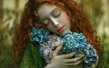 Love to nature, blue, agnieszka lorek, model, girl, woman, flower, green, ophidia, redhead HD wallpaper