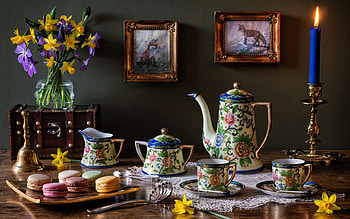 Still Life, candle, daffodils, , fox, cup, porcelain HD wallpaper