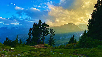 Mt. Baker wilderness, Washington, landscape, trees, clouds, mountains, sunrise, usa HD wallpaper