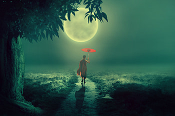 Moon, Miscellanea, Miscellaneous, Fog, Buddhism, Umbrella, Child, Monk, Boy HD wallpaper