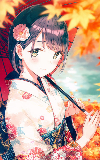 Anime girl, Kimono, Autumn leaves, Short hair HD phone wallpaper