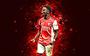 Bukayo Saka, , 2021, english footballers, Arsenal FC, red neon lights, soccer, Premier League, football, The Gunners, Bukayo Saka Arsenal, Bukayo Saka HD wallpaper