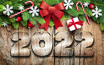 Happy New Year 2022, , 2022 golden 3D digits, christmas decorations, 2022 concepts, 3D art, 2022 new year, Christmas 2022, red bow, 2022 on wooden background, 2022 year digits HD wallpaper