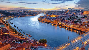 wondrous evening on a river in lisbon potugal, river, city, lights, boats, bridge, evening HD wallpaper