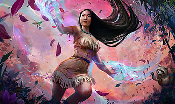 Pocahontas, view from down, frumusete, girl, wind, pink, fantasy, autumn, leaf, luminos, toamna, clayscence art HD wallpaper