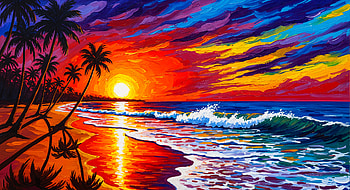 Beach Sunset Symphony, beach, ocean, palm tree, painting HD wallpaper