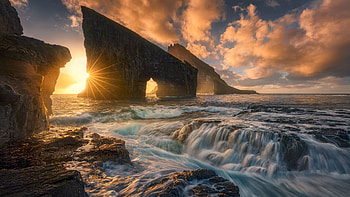 Faroe Islands, Denmark, rocks, sunset, sea, coast, colors, clouds, sky HD wallpaper