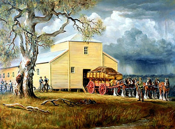 Harvest Time, artwork, barn, horses, painting, people, cart, tree HD wallpaper