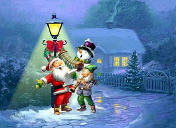 Christmas Caroling, winter, house, xmas, artwork, snowman, painting, snow, lantern, santa HD wallpaper