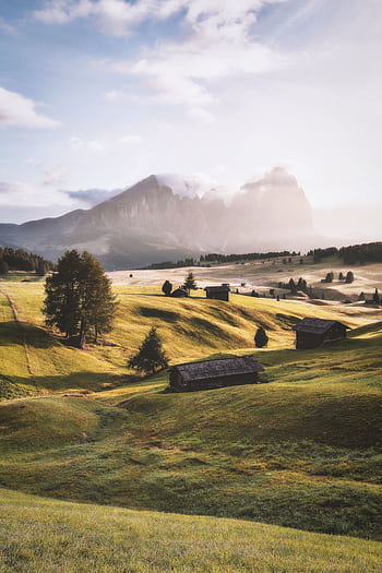 Tranquil countryside view in Alpe di Siusi, Italy featuring lush greenery and distant mountains under a bright sky. HD phone wallpaper