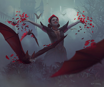 Blood Bat Summoner, summoner, red, bat, vampire, dark, night, black, girl, halloween, moon, fantasy HD wallpaper