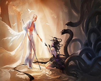 Love Is Blind, medusa, light, man, blind, snakes, dark HD wallpaper