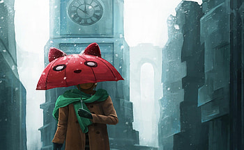 in London, winter, cute umbrella, anime, boy, snowing, London HD wallpaper