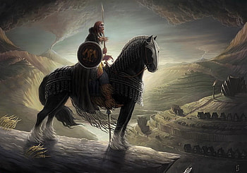 Lancer, horse, abstract, fantasy, mountains, village, warrior HD wallpaper