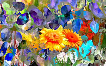 Flowers, blue, art, poster, orange, summer, painting, flower, yellow, texture HD wallpaper