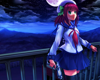 Angel Beats!, purple hair, nakamura yuri, gun, green eyes, angel beats HD wallpaper