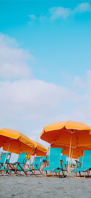 Lounger chairs on beach, Mobile retreat, Coastal comfort, Serene getaway HD phone wallpaper